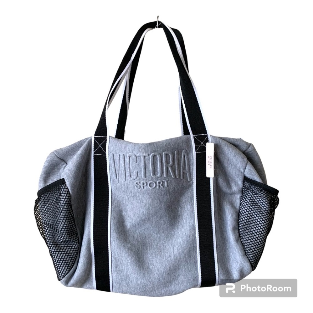 Victoria's Secret Gray Duffle Bag with Black/White Handles ZipUp 16" x 18" x 11"